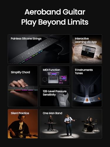 AeroBand Guitar Smart Guitar With Silicone Strings, Travel Silent Guitar With Detachable Fretboard, Headphone Jack, Built-in Speaker and Drum system, Aeroband APP Play, MIDI Guitar (With Bag)
