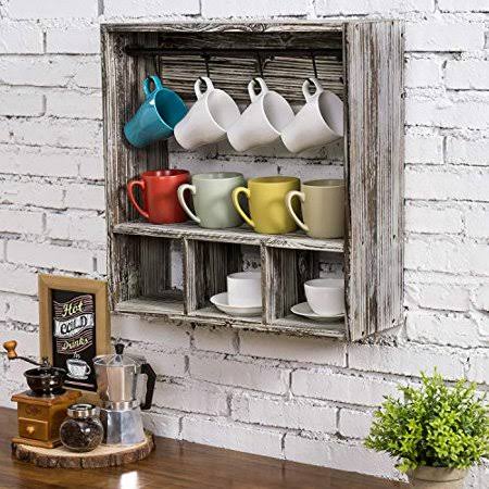 MyGift Rustic Torched Wood Wall Mounted Kitchen Coffee Mug Cup Display Rack u0026 Storage Shelf, Brown - Avayadevconnect