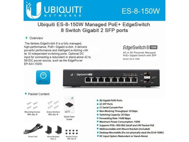 Ubiquiti EdgeSwitch 8 Managed L3 Switch - 8 PoE+ Ethernet Ports u0026 2 Gigabit SFP Ports