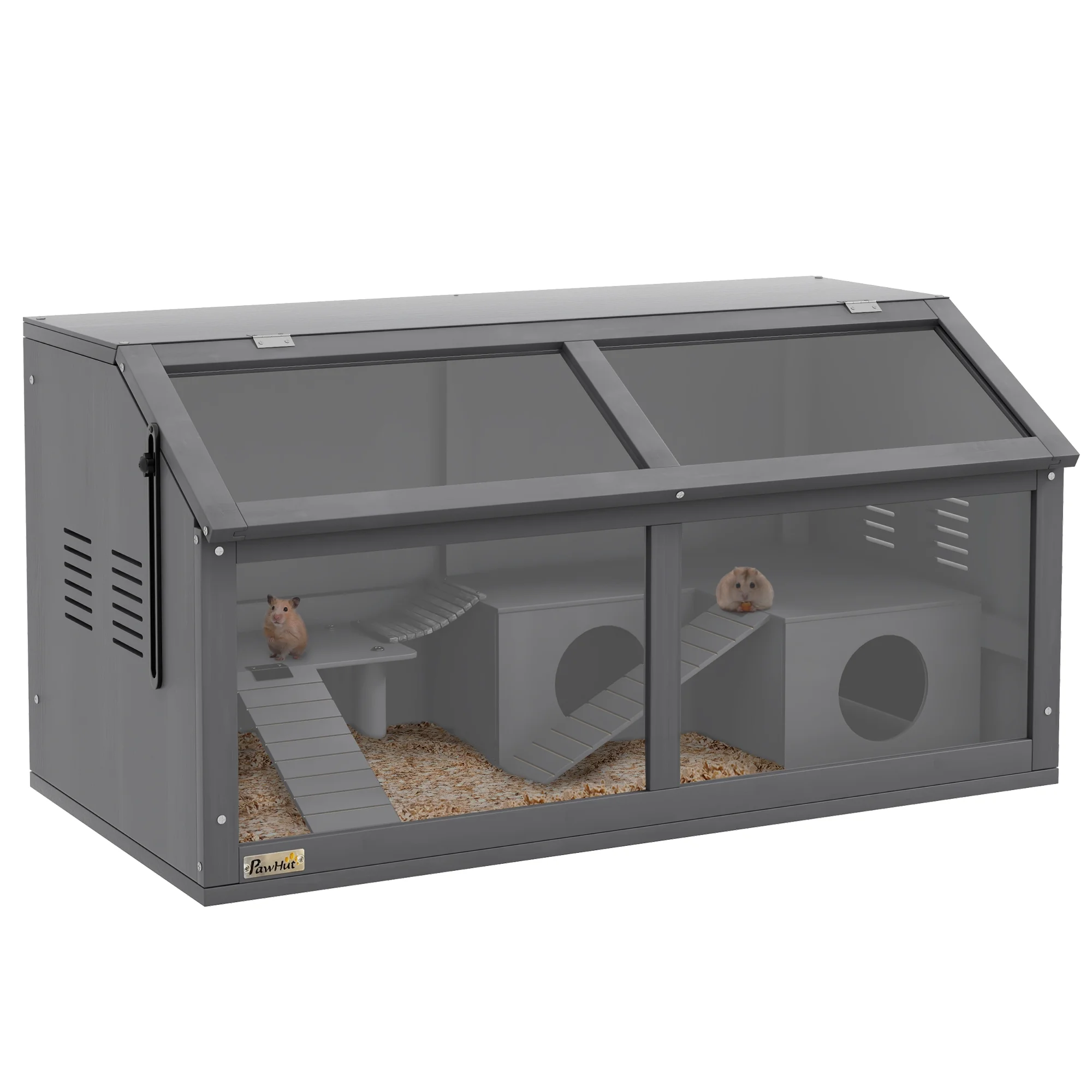 PawHut Wooden Hamster Cage W/ Suspension Bridge, Openable Top - Curated Treasures Market