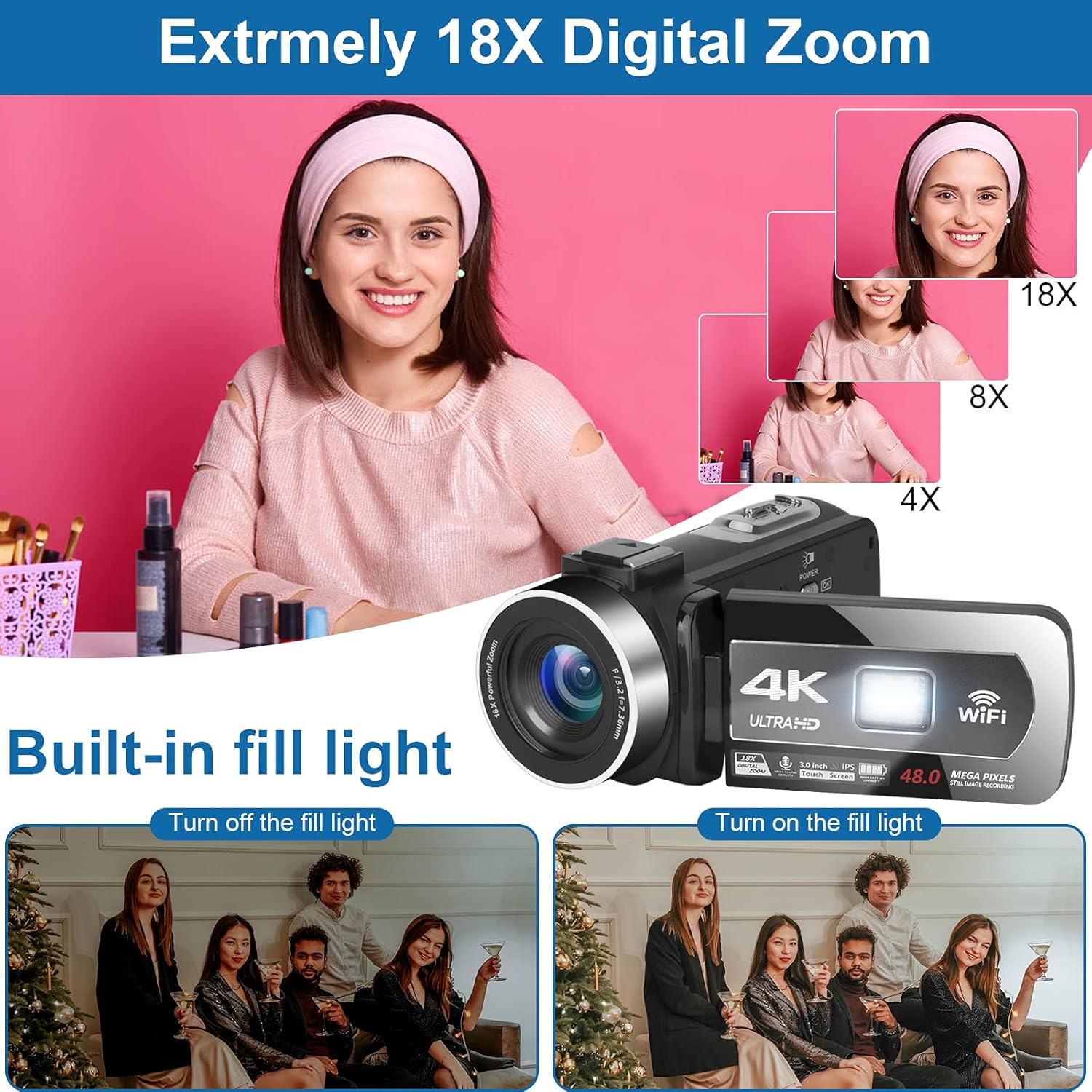 Video Camera 4K Camcorder, 48MP 60FPS WiFi Vlogging Camera 3.0 Inch Touch Screen 18X Zoom Digital Camera YouTube Camera with Microphone, 2.4G Remote Control, Lens Hood, 2 Batteries, 32GB SD Card