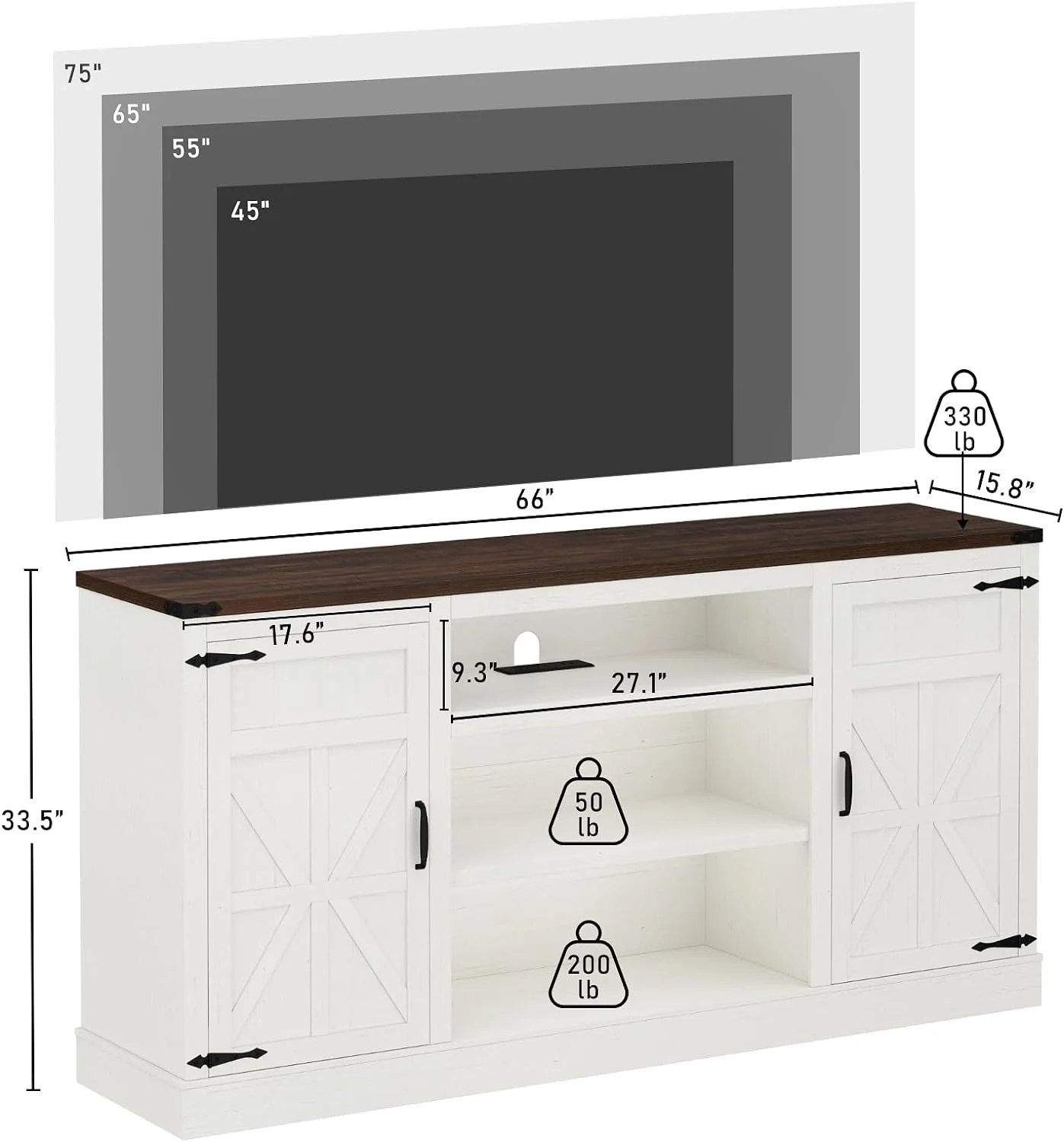 Chvans Farmhouse Barn Door TV Stand for up to 65 TVs /23 Electric Fireplace, Entertainment Center Console Table with Adjustable Shevles(58)
