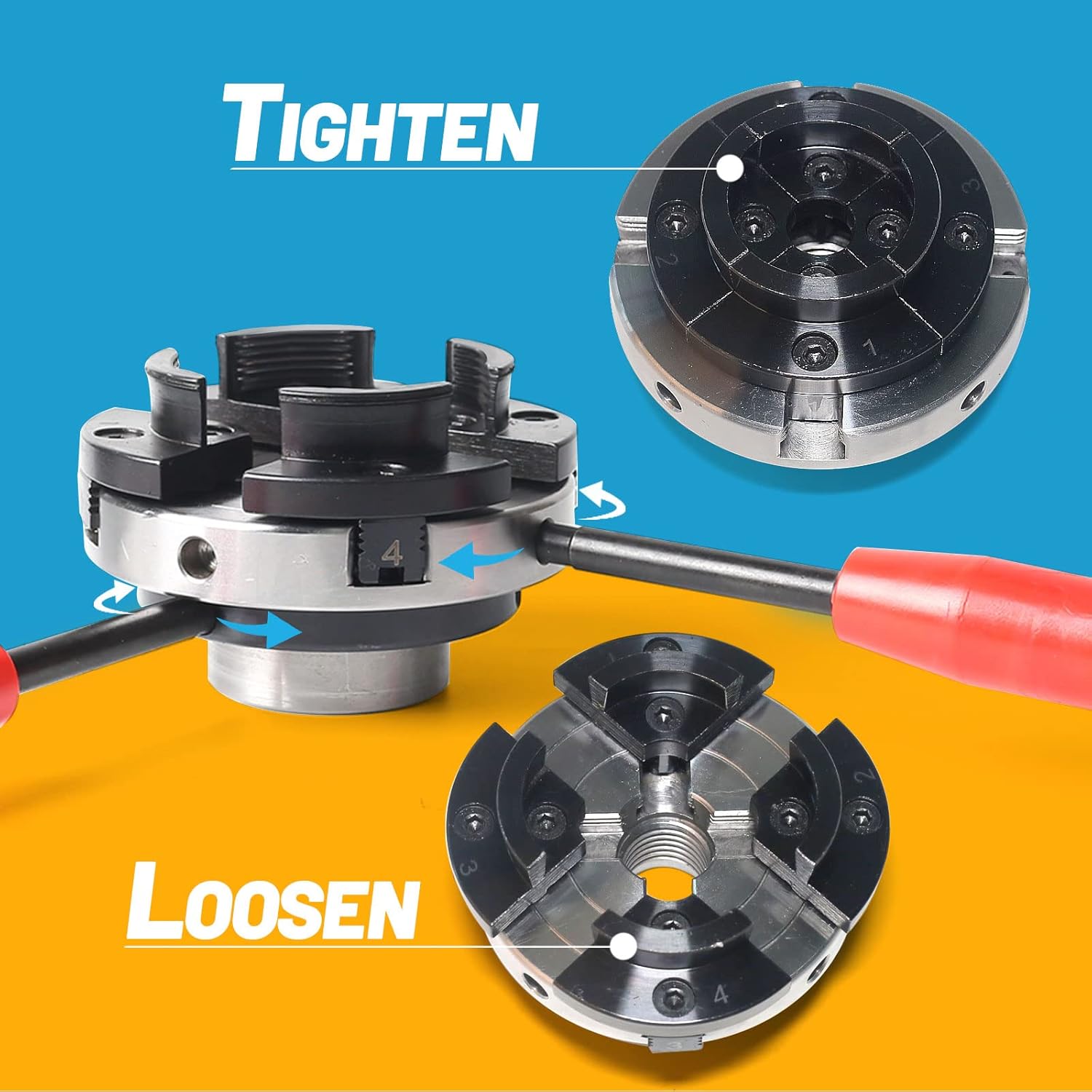 FJL FORCE Lathe Chuck Sets 4 Inch, Wood Lathe Chuck 5 Interchangeable 4-Jaw Wood Turning Lathe Nickel Plated Chuck, 1"x8Tpi Thread & 3/4"x16Tpi Adapter(Chuck Set)