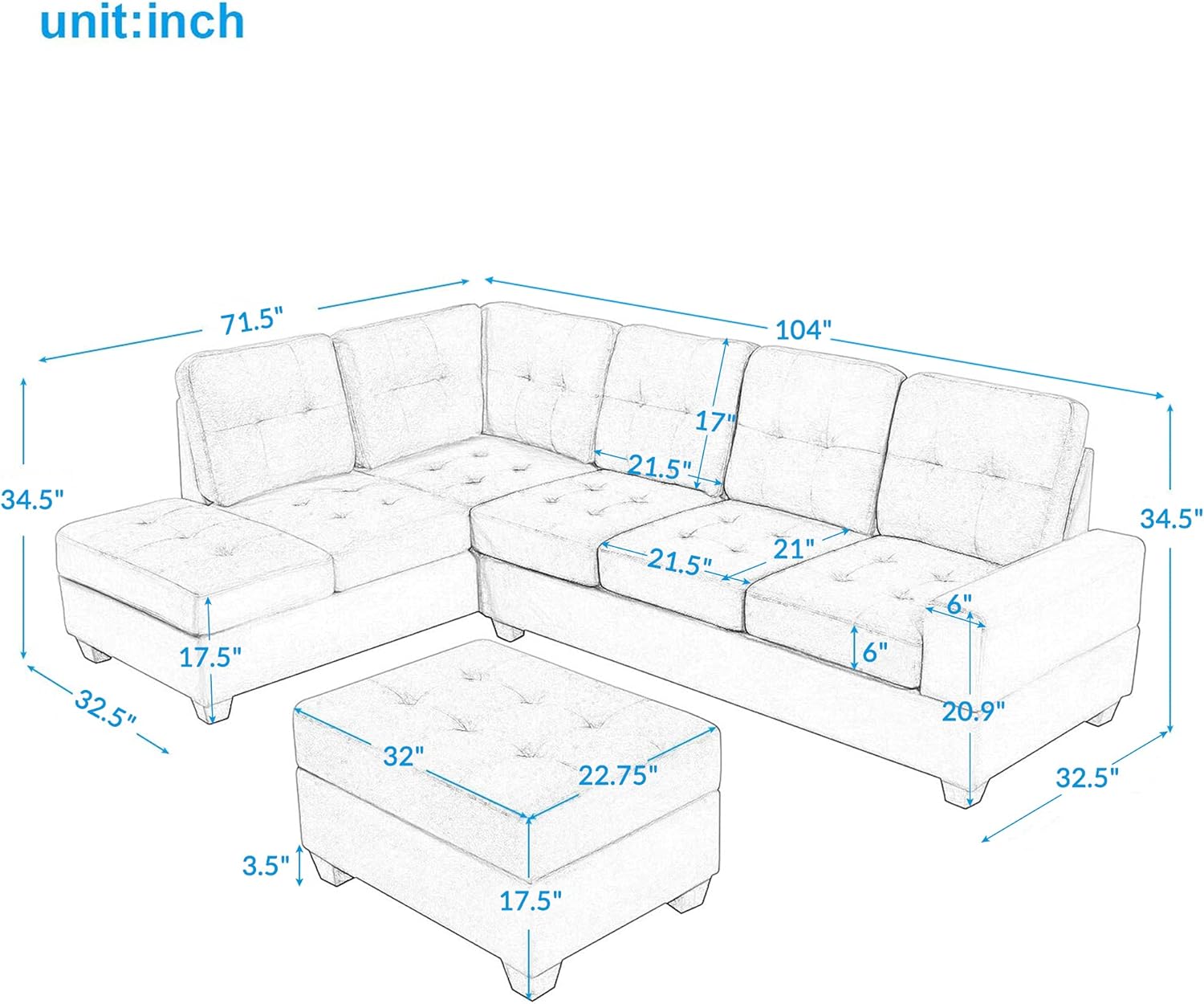 Linen Upholstered Sofa Set with Reversible Sectional Chaise, L Shaped Couch Foldable with 2 Cup Holders, Ottoman with Storage, for Living Room, Guest Room, Home Theater, Office, Light Gray