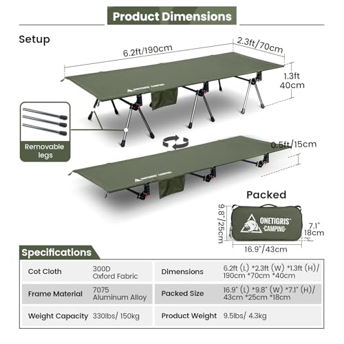 OneTigris SUPRANUBIS Camping Cot, Height Adjustable with Cot Leg Extenders, Strong Support 330lbs, Portable Folding Bed for Camping, Hiking, Travel, Truck, Beach, Office Nap (Ranger Green)