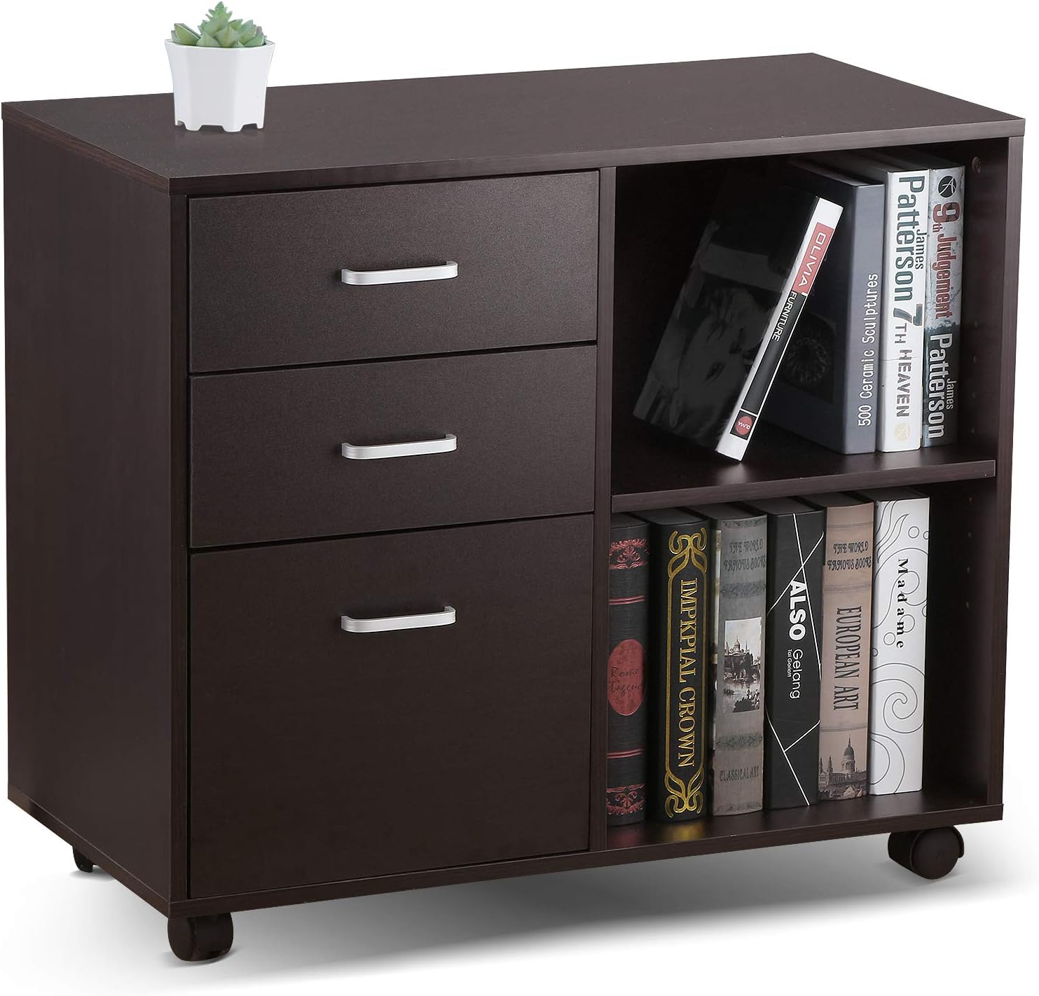 VANSPACE 3 Drawer Wood File Cabinet with Lock, Mobile Lateral Filing Cabinet, Printer Stand with Adjustable Open Storage Shelves for Home Office, Black Walnut