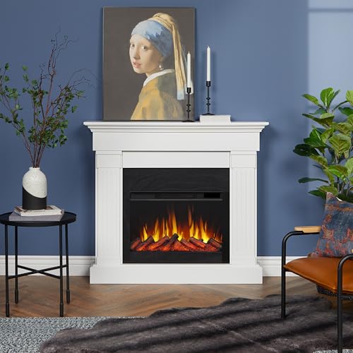 Real Flame Crawford 48" Slim Indoor Electric Fireplace with Mantel for Living Room or Bedroom, Replaceable Fireplace Insert Heater, Realistic Log and Flame Effect, Remote Control, Timer.