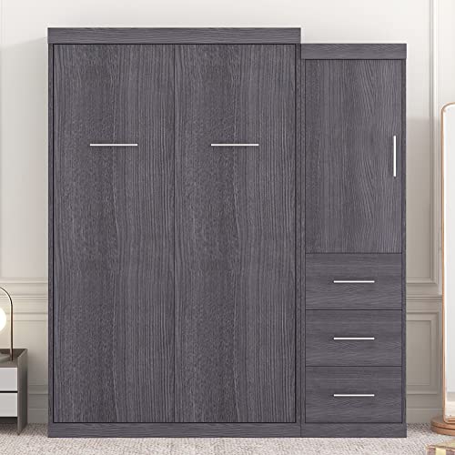 DEINPPA Full Size Murphy Bed with Convertible Wardrobe Farmhouse Style Murphy Cube Cabinet Bed, Wall Bed with Drawers and Shelf for Guest Room Home Office-Antique Wood