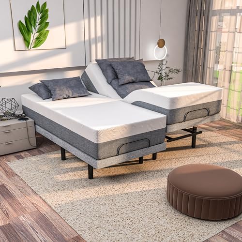 Split King Adjustable Bed Frame + 14" Luxury Cooling Gel Mattress, Dual Electric Massage - Dual USB Ports, Under Bed Light, App Control, Zero Gravity, Head and Foot Incline Base (Split King)