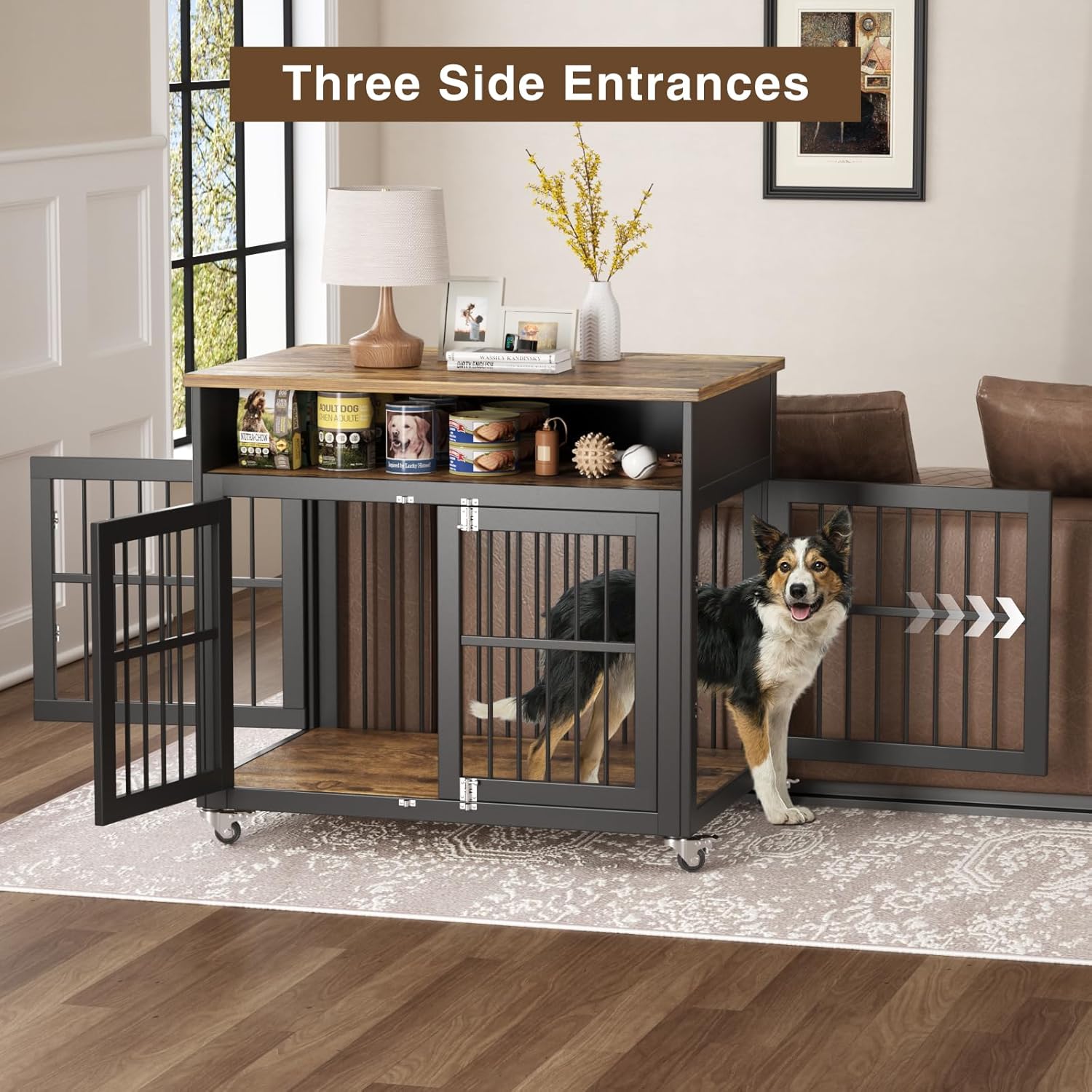 Dog Crate Furniture,39" Dog Kennel Indoor with Wheels, Heavy Duty Wooden Dog Crate for Medium/Large Dogs,Dog Cage with Storage Dog House Side End Table, Brown