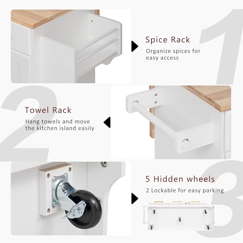 60" Kitchen Island with Drop Leaf and Power Outlet, Rolling Kitchen Cart on Wheels with Trash Can Storage Cabinet, Spice Rack, Towel Rack and Adjustable Shelf for Dining Room