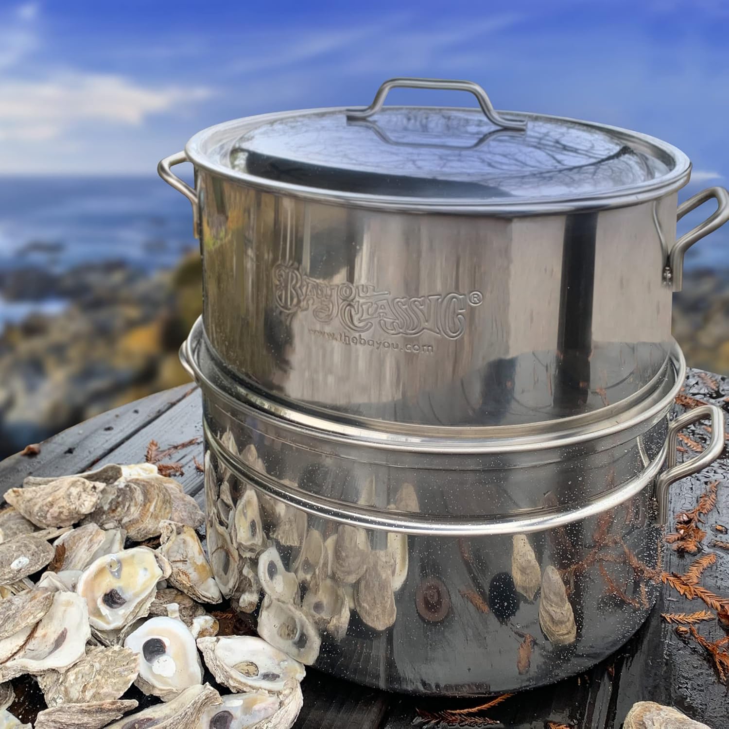 Bayou Classic 300-505 Stainless Oyster Steamer Features Heavy Welded Loop Handles Domed Vented Lid Perfect For Steaming Up To A Half Bushel of Seafood and Vegetables