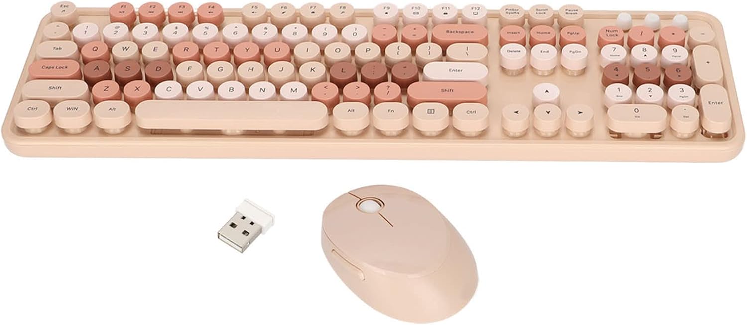 Wireless Keyboards Mouse Combo,Colorful Sweet Mixed Color Cute Keyboard,104 Keys Desktop Game Keyboard Mouse Kit,with Retro Round Keycaps,for Windows XP/7/8/10(Milk Tea)