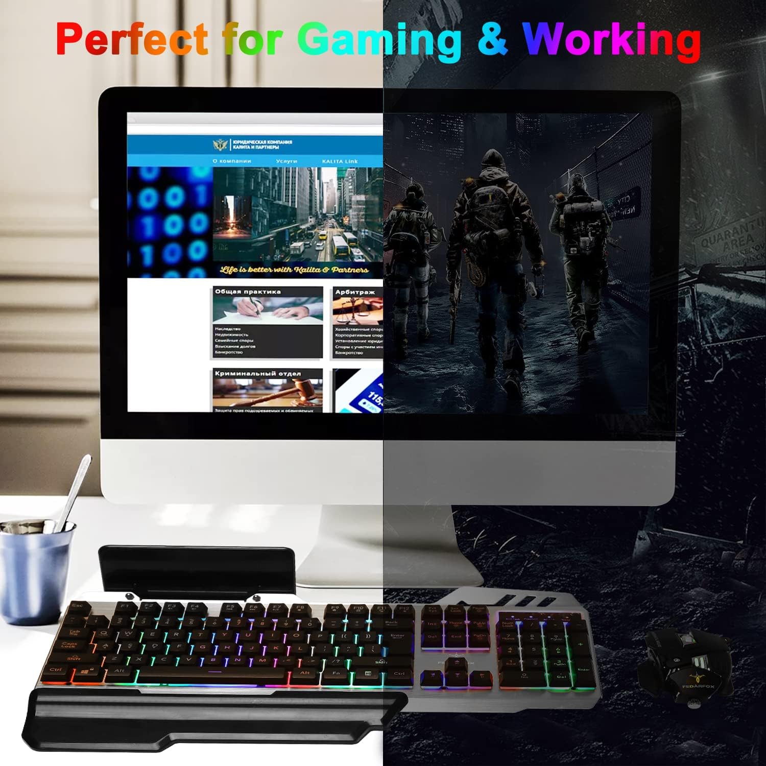 Gaming Keyboard and Mouse - FEDARFOX Wired Rainbow Led Keyboard Mouse Combo Backlit Illuminated Mice Mechanical Feeling Keyboard with Removable Hand Rest RGB Keyboard for Windows PC GamerPS4