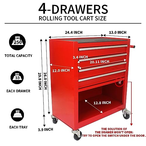 4-Drawer Tool Cart on Wheels, Rolling Tool Box，Heavy Duty Utility Industrial Service Cart Storage Organizer with Locking System, for Mechanic, Warehouse, Garage, Workshop