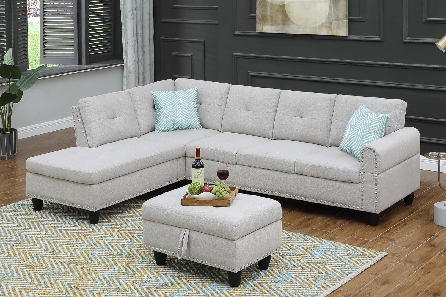 98" Left Hand Facing Sofa & Chaise with Storage Ottoman and Rounded Arms, L-Shaped Upholstered Corner Couch w/Cup Holders & 2 Toss Pillows for Living Room, Office, Apartment, Light Gray