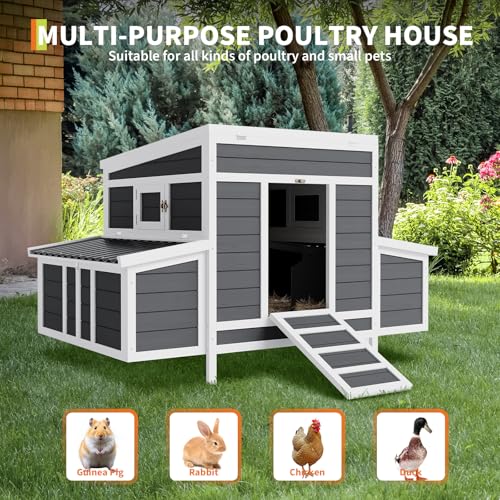 Wooden Chicken Coop, 54.41" x 34.49" x 34.05" Chicken Coop for 4-6 Chickens, with 2 Sides Large Nesting Boxes, Outdoor Poultry Cage Rabbit Cage with Ramps & Tray