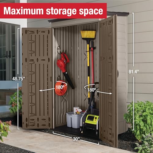 Rubbermaid Vertical Resin Outdoor Storage Shed With Floor (4 x 2.5 Ft) Weather Resistant Beige/Brown Organization for Home/Backyard/Pool Chemicals/Toys/Garden Tools/Porch/Patio Cushions