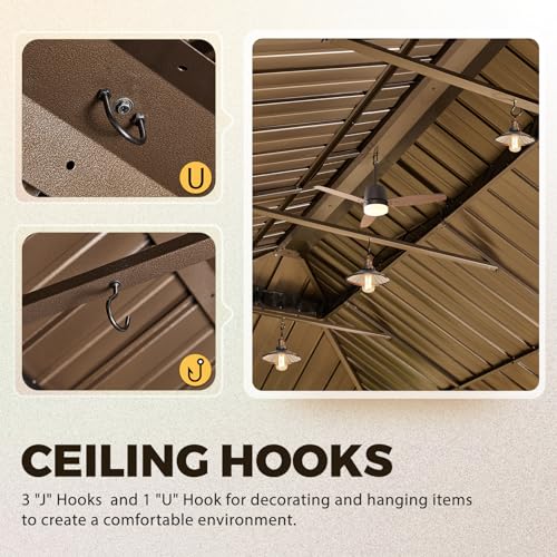 YOLENY 10' x 12' Hardtop Gazebo, Wood-Looking Gazebo with Galvanized Steel Double Roof, Aluminum Frame, Permanent Metal Pavilion with Netting and Curtains for Deck, Backyard, Patio and Lawns