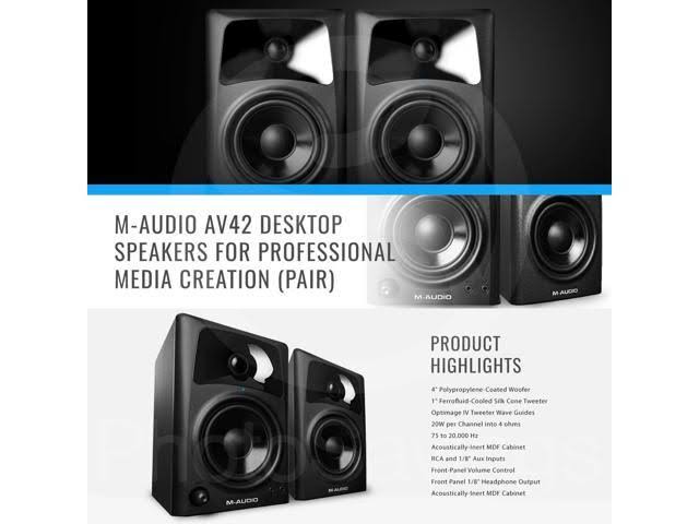 M-Audio AV42 Compact Studio Monitor Speakers for Professional Media Creation (Pair) with Samson Headphones and Assorted Cables A
