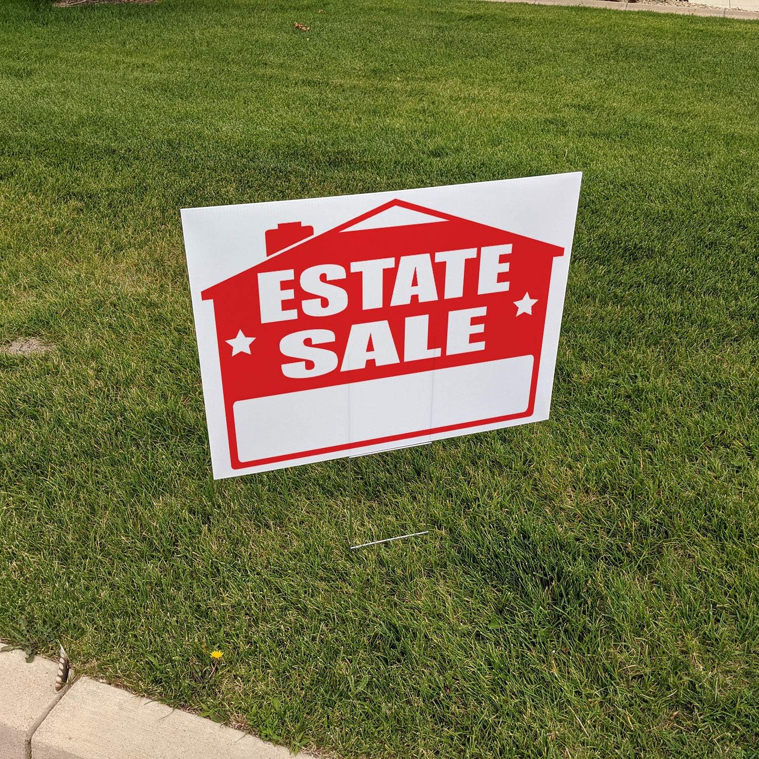 | Estate Sale Yard/Lawn Sign Kit | 24" W x 18" H CoroPlast | Double-Sided | Includes 6"W x 18"H Metal H-Stakes + Blue Arrow Stickers (5) Pack of 2
