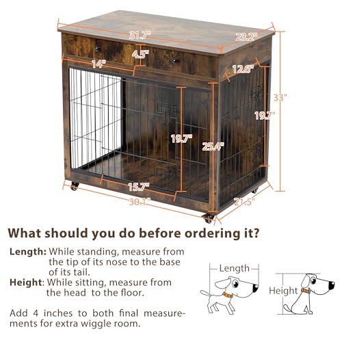 Wooden Furniture Style Dog Crate with 2 Drawers,Indoor Double Doors Doggy House End Table,W/Wire Mesh and Cross-Thickened Iron Bars,Chew-Proof,for Small Pet,Grey,31.7" L×23.2" W×33" H