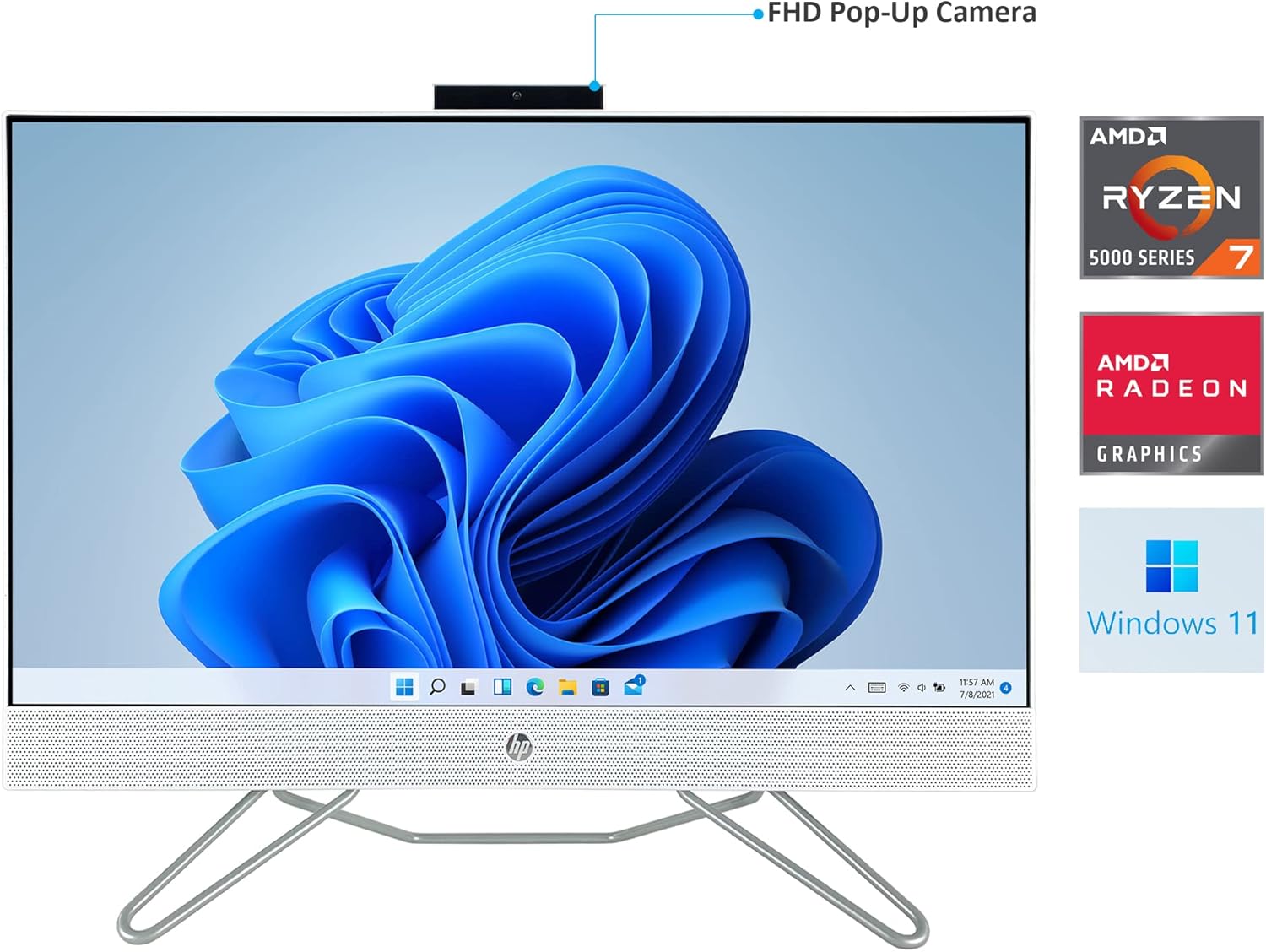 HP 27" Full HD Touchscreen All-in-One Desktop Computer - AMD Ryzen 7 5700U 8-Core up to 4.30 GHz Processor, 64GB DDR4 RAM, 512GB NVMe SSD + 1TB HDD, AMD Radeon Graphics, Windows 11 Pro