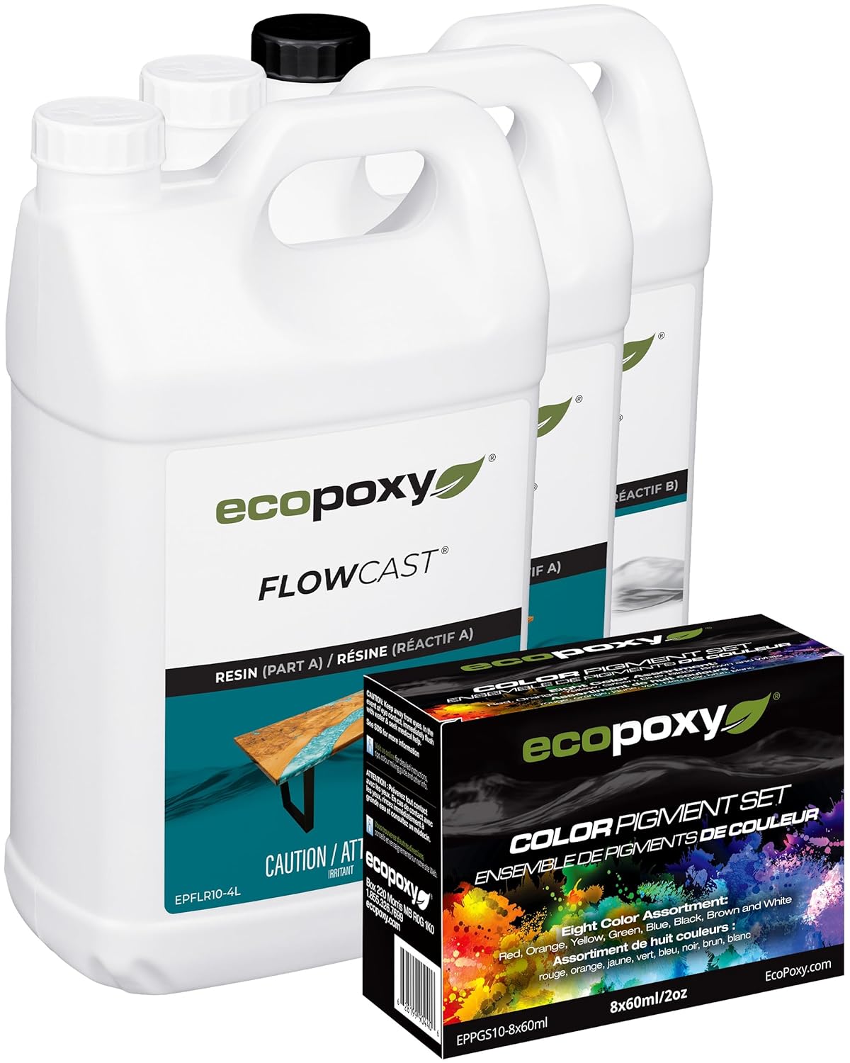 FlowCast Deep Pour Epoxy Resin + 8 x 60ml Epoxy Liquid Pigment Kit - 3.2 Gal / 12L: UV & Yellowing Resistant, Bio-Based Resin | Water Clear Epoxy for River/Ocean Tables