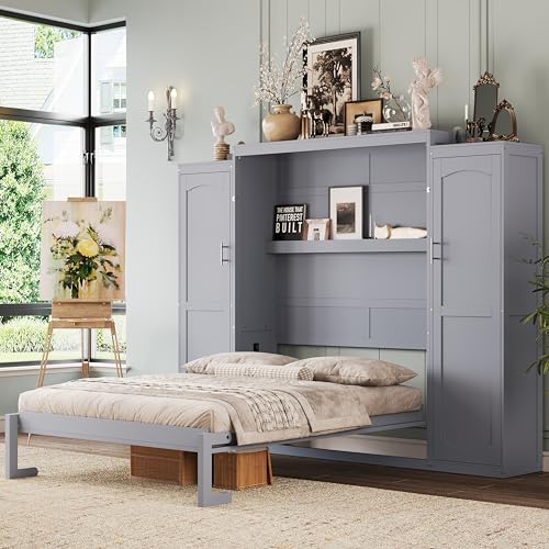 KLMM Wooden Murphy Bed Wall Bed with 2 Wardrobe and Storage Shelf,Foldable Platform Bedframe for Guest-Room Bedroom Study Office Use (White#E, Full)