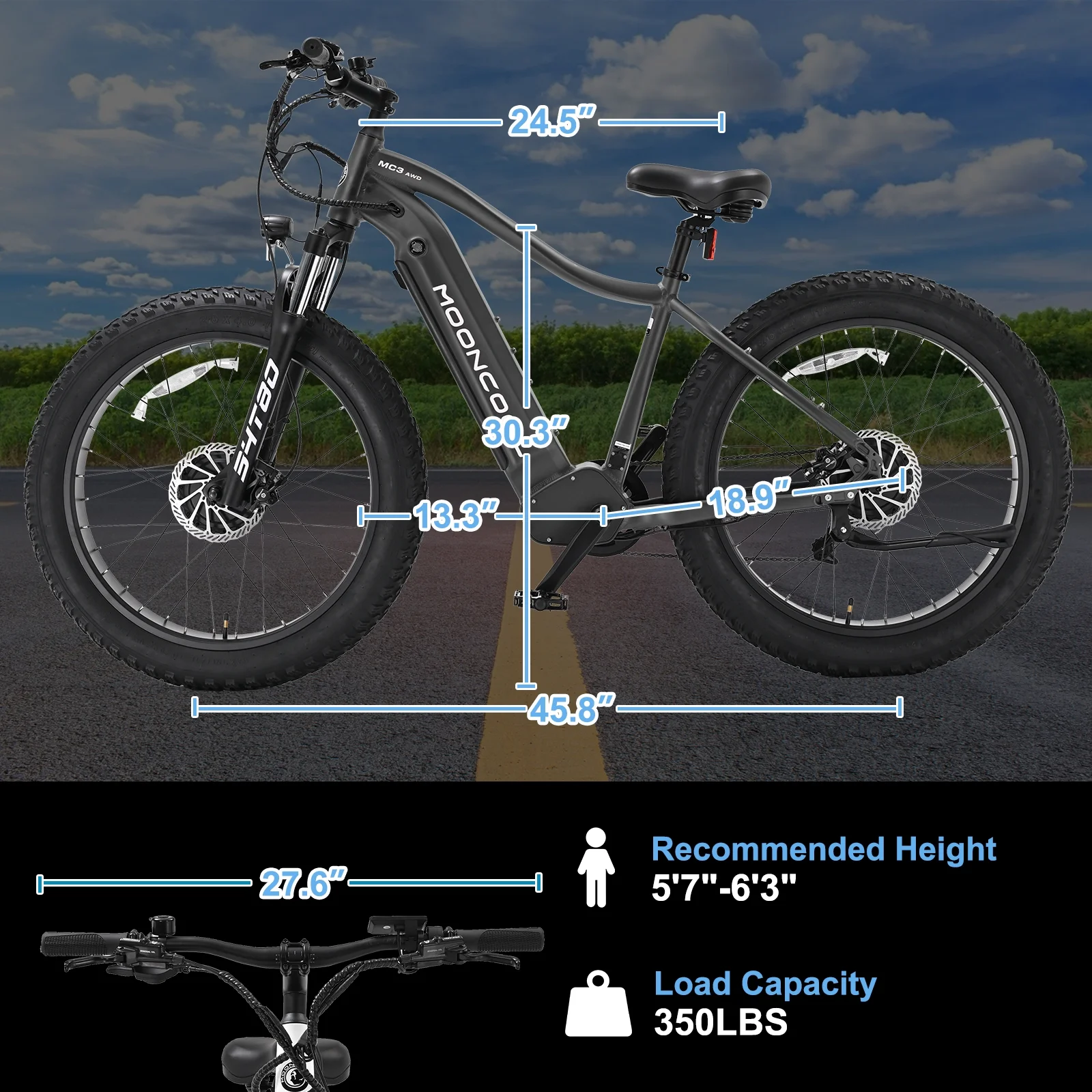 FICISOG 26" x 4" Adult Fat Tire Electric Bike , 500Wx2 Dual Motor AWD MTB, All Terrain Ebikes, 48V 15AH Removable Battery, 20MPH 7-Speed Mountain Electric Bicycle,1 Motor Range 30-45 Miles