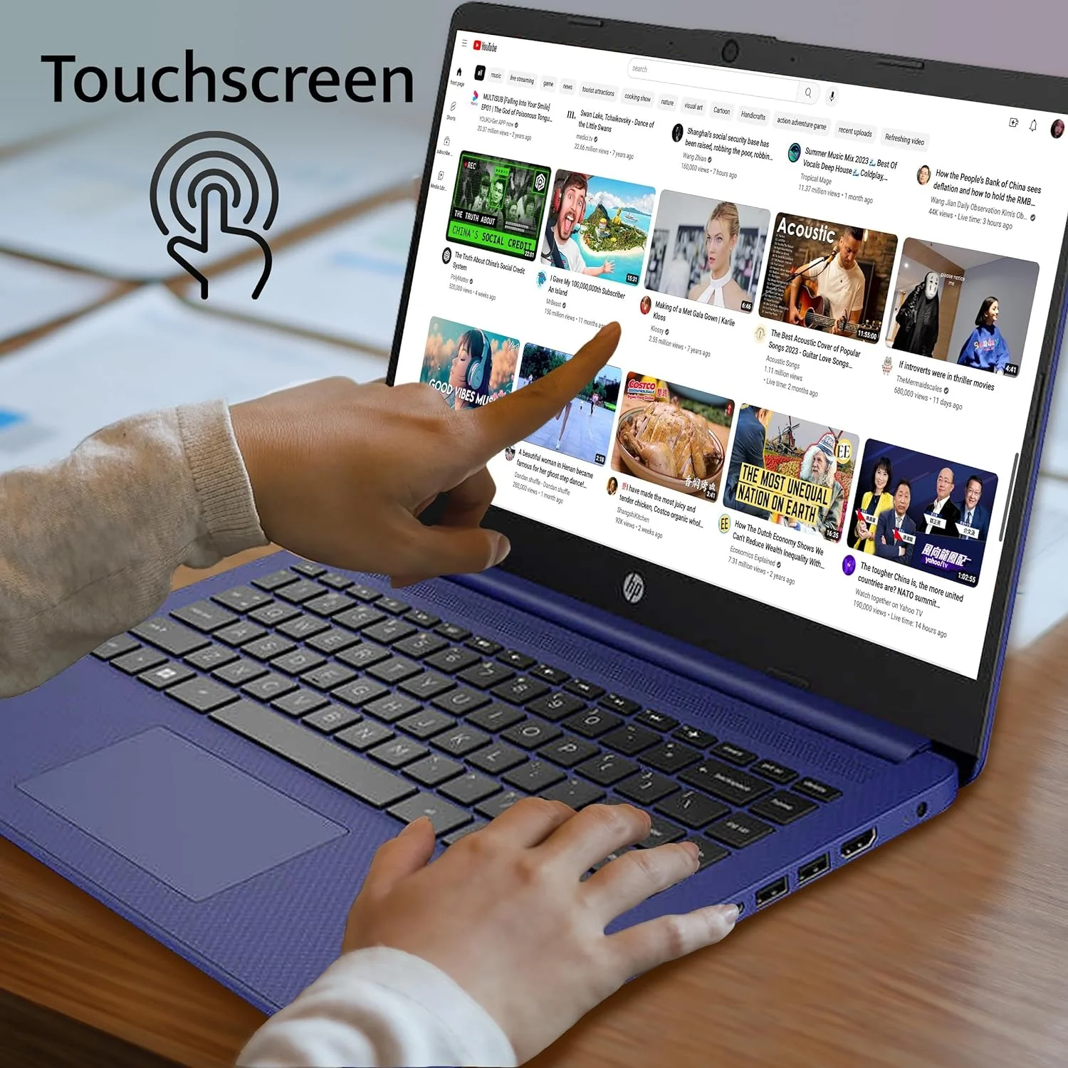HP Touchscreen Laptop, 14" HD Business Laptop, AMD Ryzen 7-5700U, 32GB RAM, 2TB PCIe SSD, AMD Radeon Graphics, HD Webcam, WI-FI 6, Bluetooth, HDMI, Blue, Windows 11, 32GB USB Card
