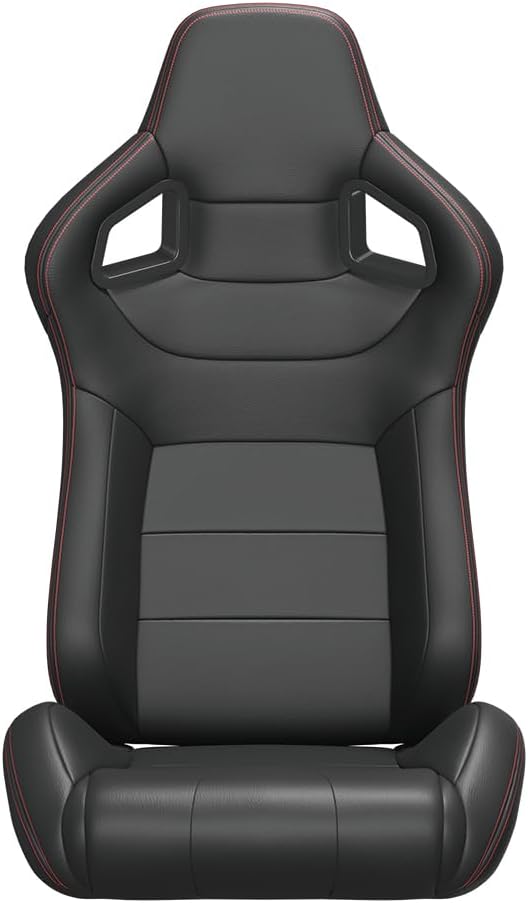 2PC Universal Bucket Red Stitch PVC Leather Racing Seats Reclinable Adjustor Slider Carbon Look Back Racing Seats (Not Including Seat Bracket)