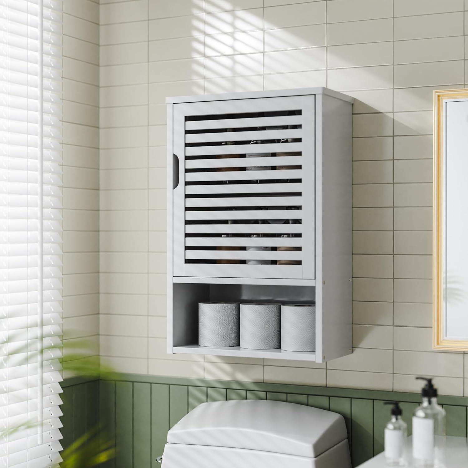 Bamboo Bookshelf Wall Cabinet Small Floor Cabinet Freestanding, Bathroom Storage Organizere with Adjustable Shelves and 4 Hanging Hooks, White