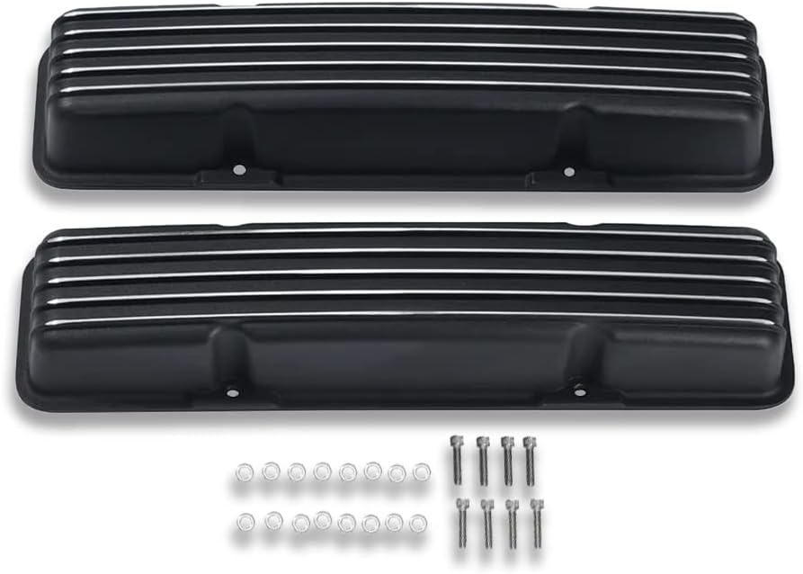 DEMOTOR PERFORMANCE Tall Finned Valve Cover W/O Hole for SBC 327 350 Chevy & 12" Oval Full Finned Air Cleaner Dress Up Kit Black