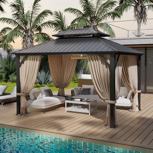 10'x12' Hardtop Gazebo, Double-Layer Galvanized Steel Roof Gazebo, All-Season Aluminum Frame Pavilion with Privacy Curtains and Netting for Patio, Garden, Hot Tub & Backyard