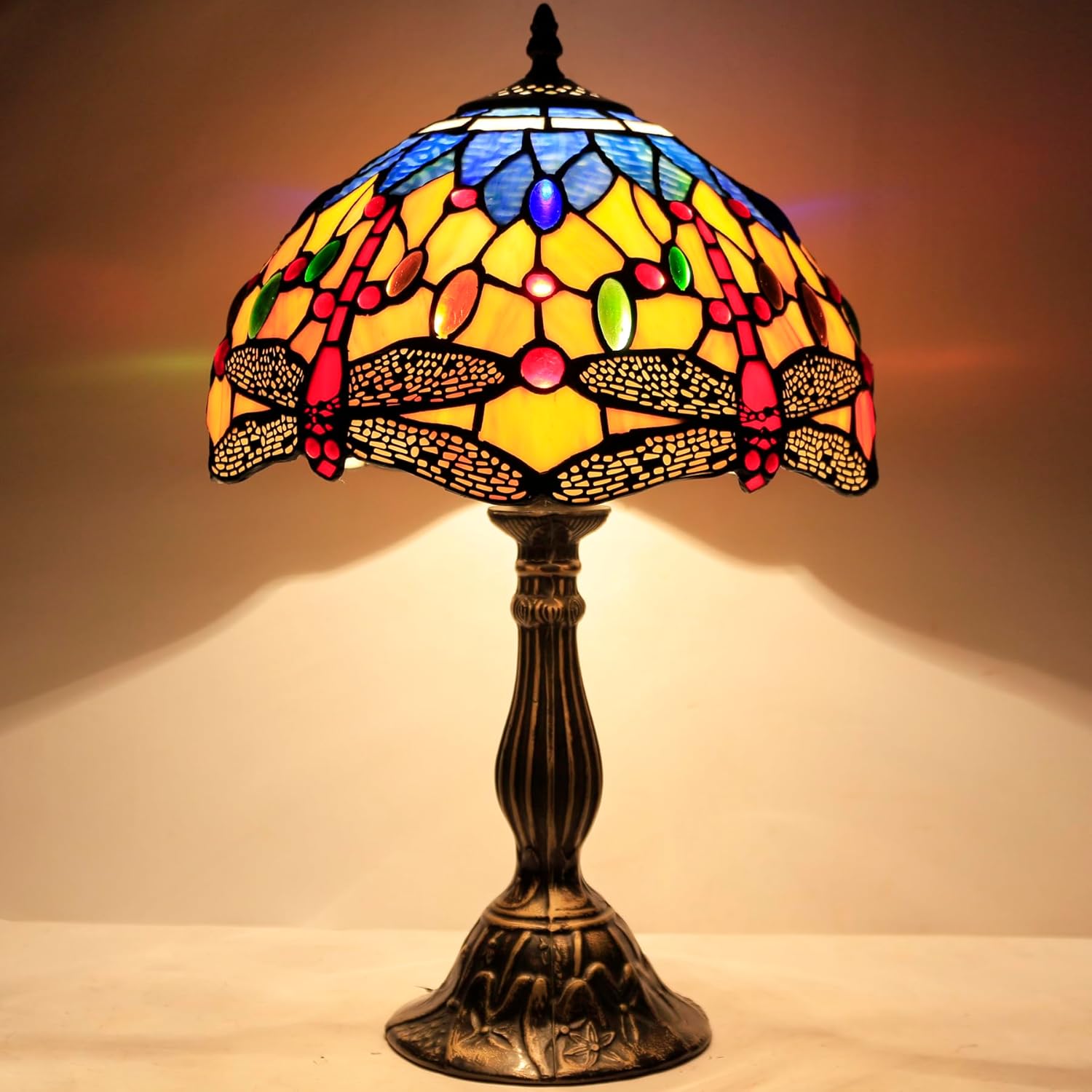WERFACTORY Tiffany Lamp Stained Glass Bedside Table Lamp Orange Blue Dragonfly Style Reading Desk Light 12X12X18 Inches Decor Bedroom Living Room Home Office S168 Series