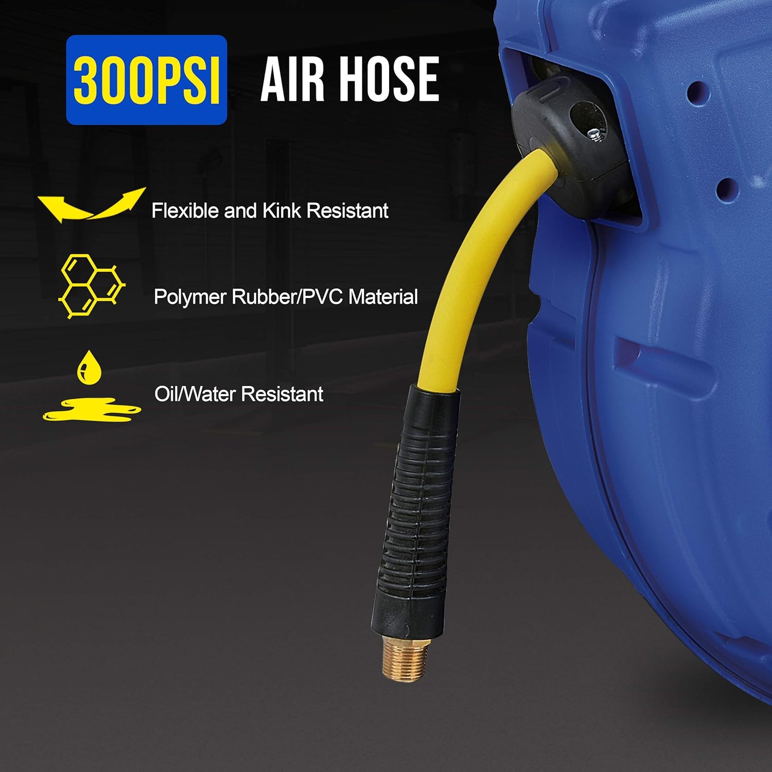 Goodyear Air Hose Reel Retractable 3/8 Inch x 50' Foot Hybrid Polymer Hose Max 300PSI Commerical Polypropylene Construction