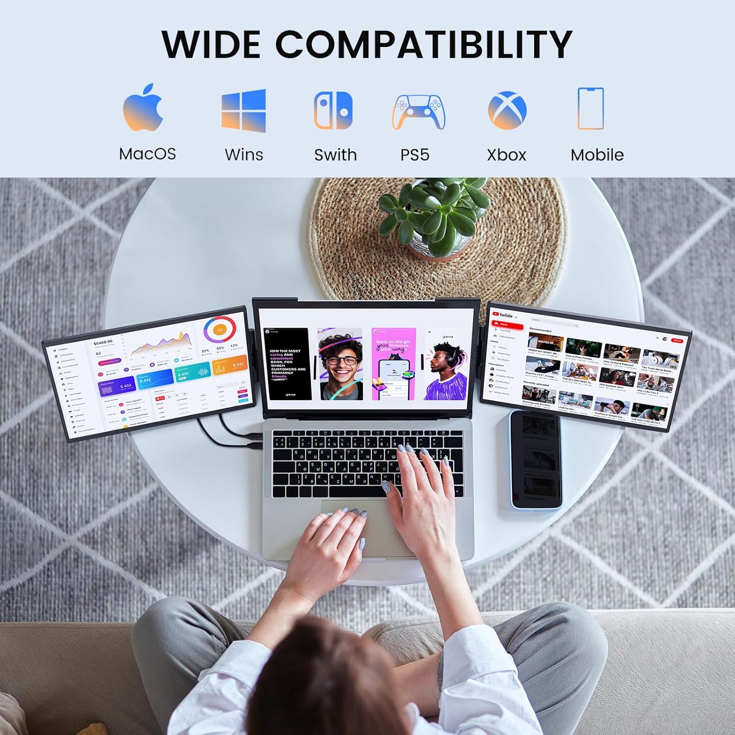 L LIMINK ET14 PRO Portable Triple Monitor for 13.3-16 Inches Laptops, 14" FHD 1200P Triple Detachable Screen Laptop Extender, Laptop Attachable Monitor Compatible with Mac/Wins, Powered by USB&HDMI