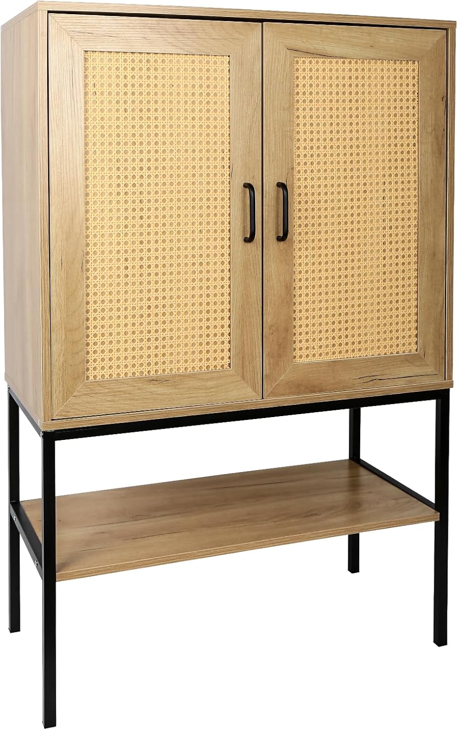 Elegant Cabinet with 2 Rattan Doors Bedroom Living Room Kitchen Cupboard Wooden Furniture with Bottom Shelf Easy Assembly Natural Color