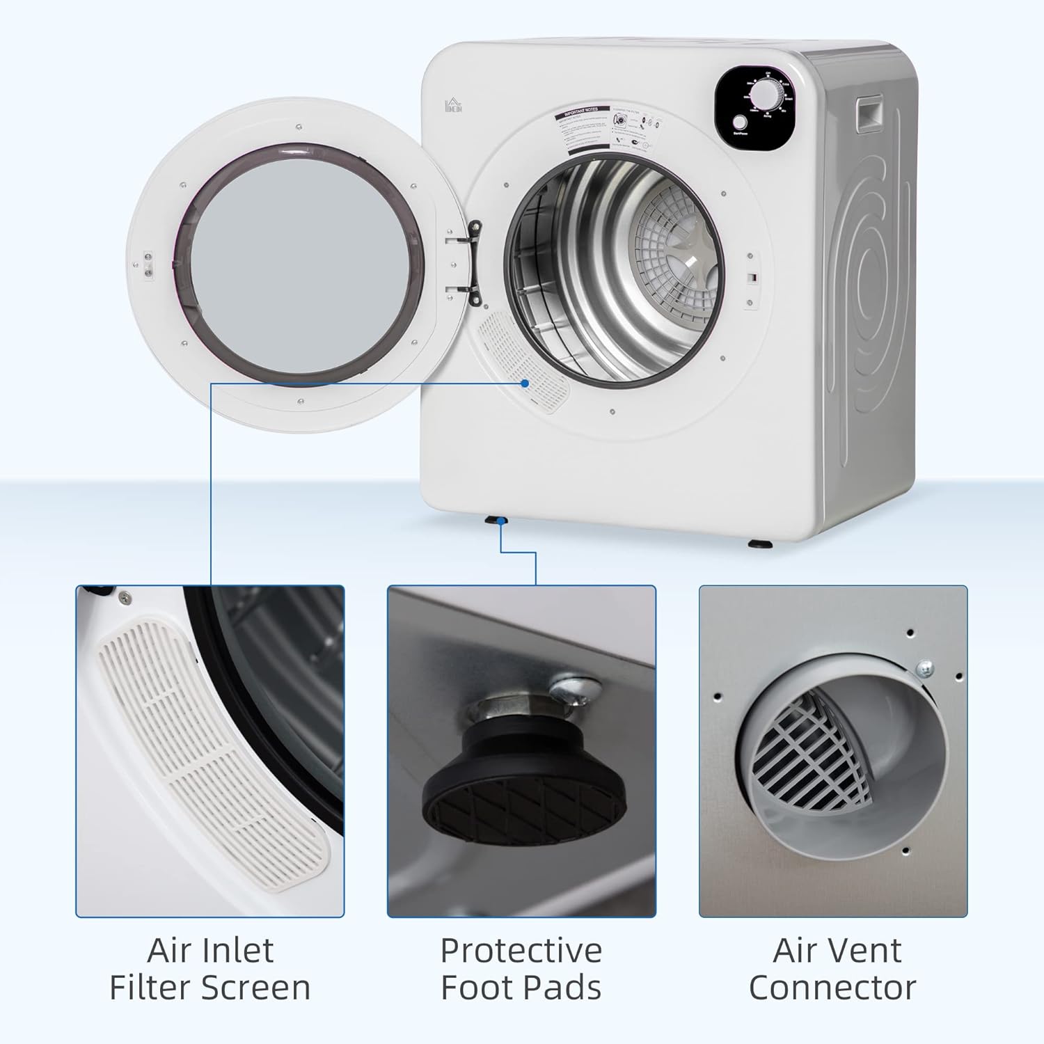 Portable Clothes Dryer, 120V 1300W Compact Laundry Dryer with Intelligent Drying, 3.2 cu.ft Stainless Steel Drum, Front Load Electric Dryer for Apartments, Dorms, RVs, White