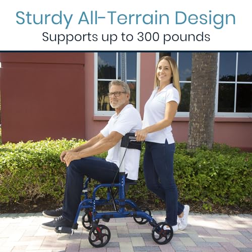 Vive 2 in 1 Rollator Transport Wheelchair Walker for Seniors - Lightweight, Foldable, Medical 4 Wheel Chair Combo with Seat - Portable Walking Mobility Aid for Men Women, 300 Pound Capacity