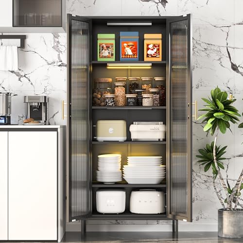 71" Display Cabinet with Glass Doors, Curio Cabinet with 4 Adjustable Shelves, Glass Cabinet Display Cases for Collectibles,Black Tall Metal Cabinet for Home Office,Living Room,Kitchen