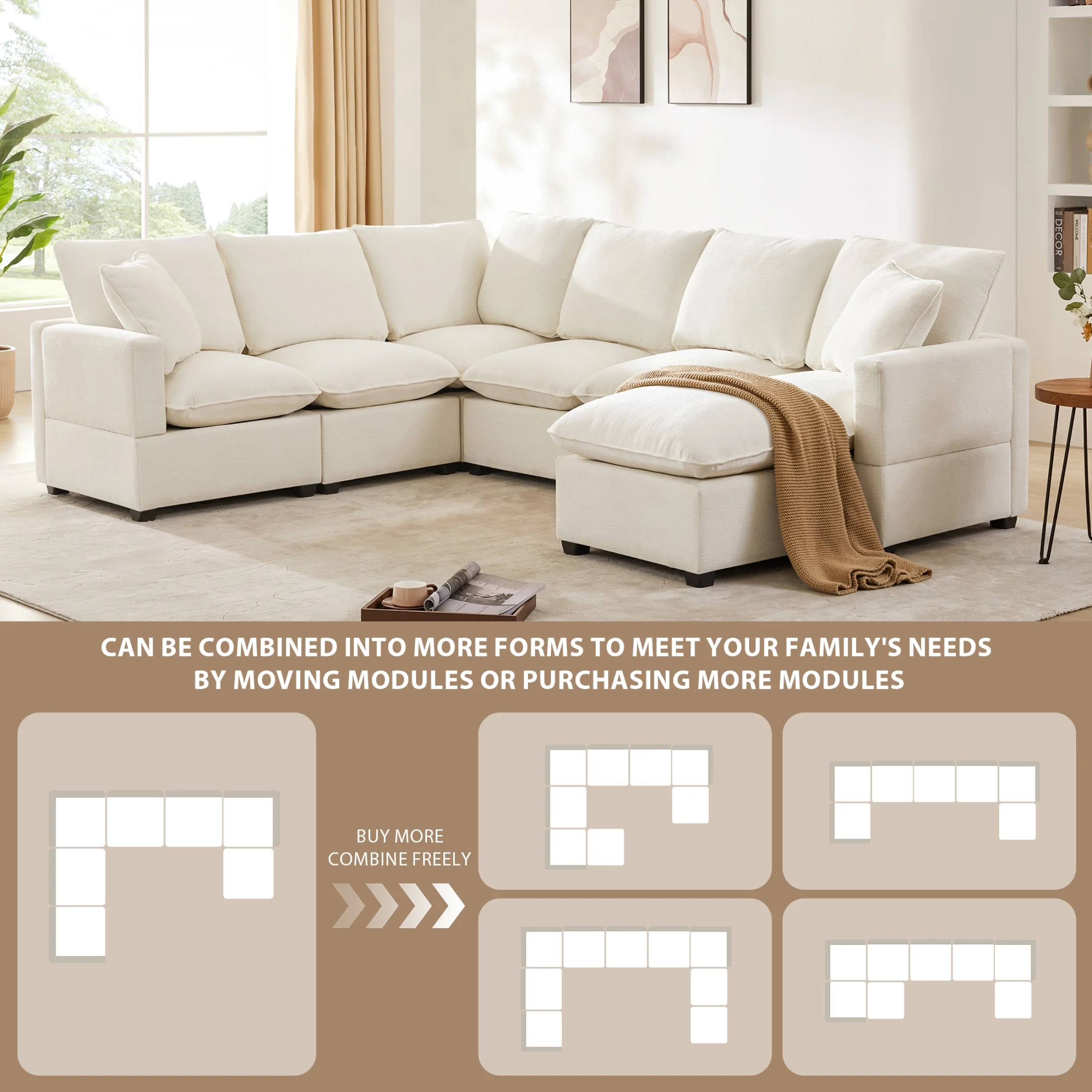 [VIDEO provided] [New] 110*84" Modern U Shape Modular Sofa, 7 Seat Chenille Sectional Couch Set with 2 Pillows Included, Freely Combinable Indoor Funiture for Living Room, Apartment, Office, 2 Colors