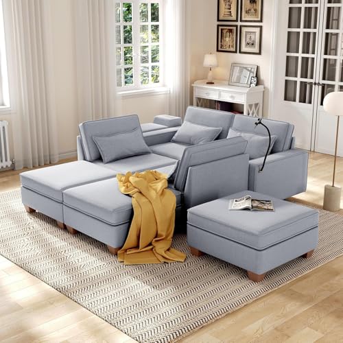 Modular Sectional Sofa, Convertible U Shaped Sofa Couch with Central Console & USB Ports, 7 Seat Modular Sectionals Couch with Chaise and Storage for Living Room, Light Grey