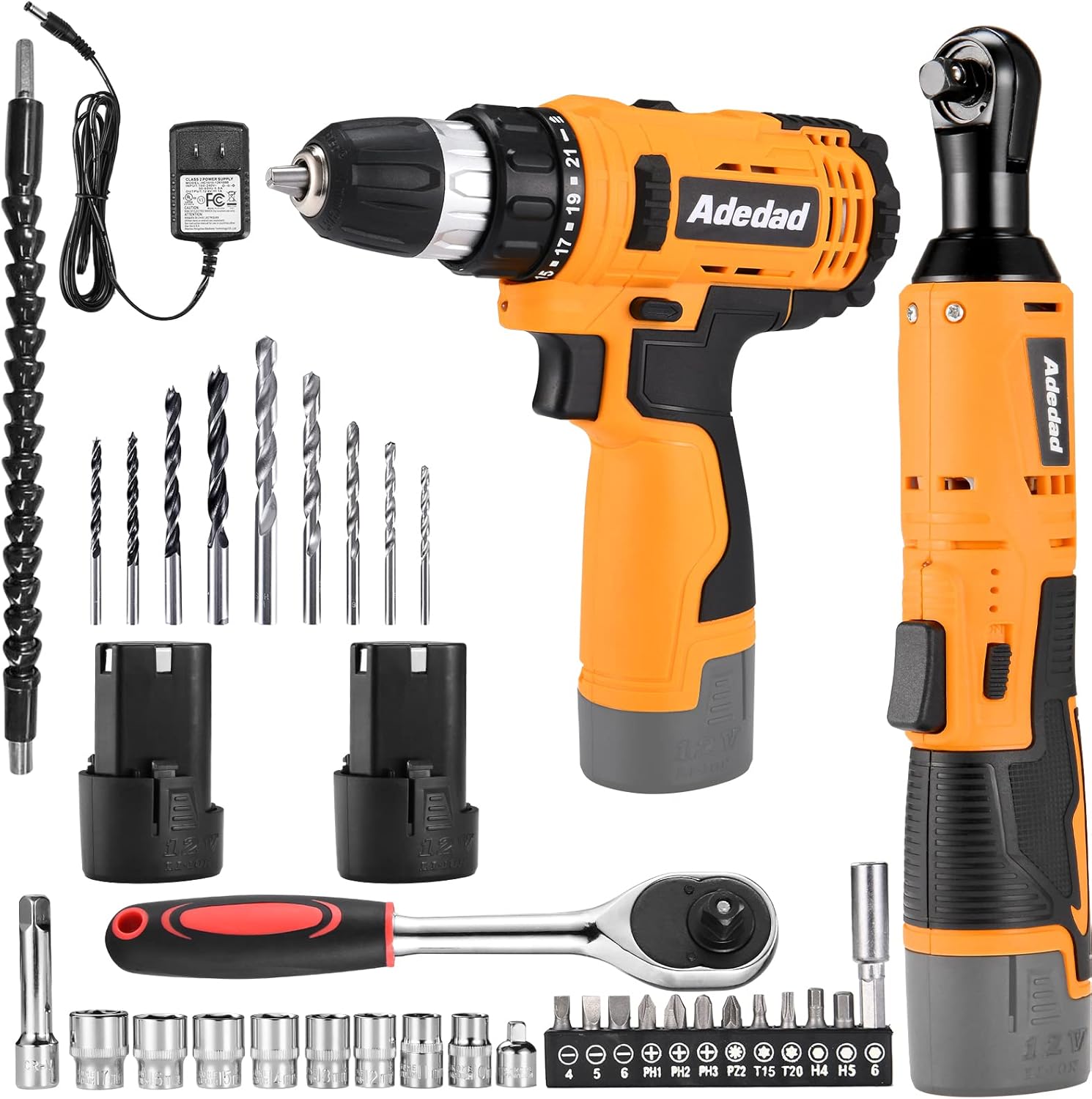 Adedad 12V Cordless Brushless Ratchet Wrench & Drill, 3/8" 40Ft-lbs Torque 400 RPM Ratchet Wrench & 21+1 Metal Drill with 2 Batteries Home Power Tool Set