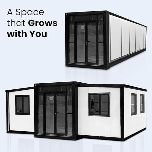 Portable Prefabricated Tiny Home - 19x20ft Expandable Prefab Tiny House for Hotel, Booth, Office, Guard House, Shop, Villa, Warehouse, Workshop (with Restroom)
