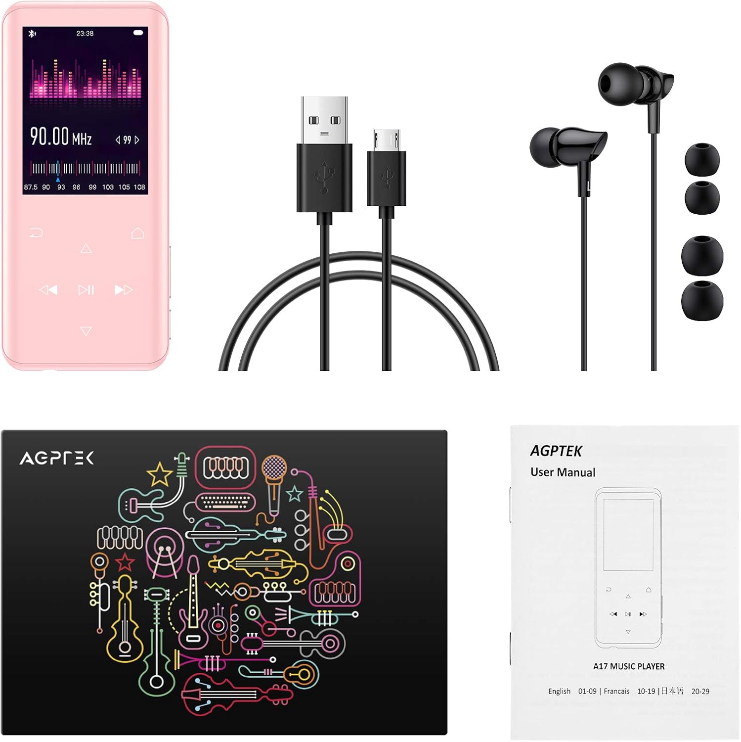32GB MP3 Player with Bluetooth 5.0, AGPTEK A17X 2.4" Curved Screen Music Player with Speaker Lossless Sound with FM Radio, Voice Recorder, Supports up to 128GB Pink Pack of 2