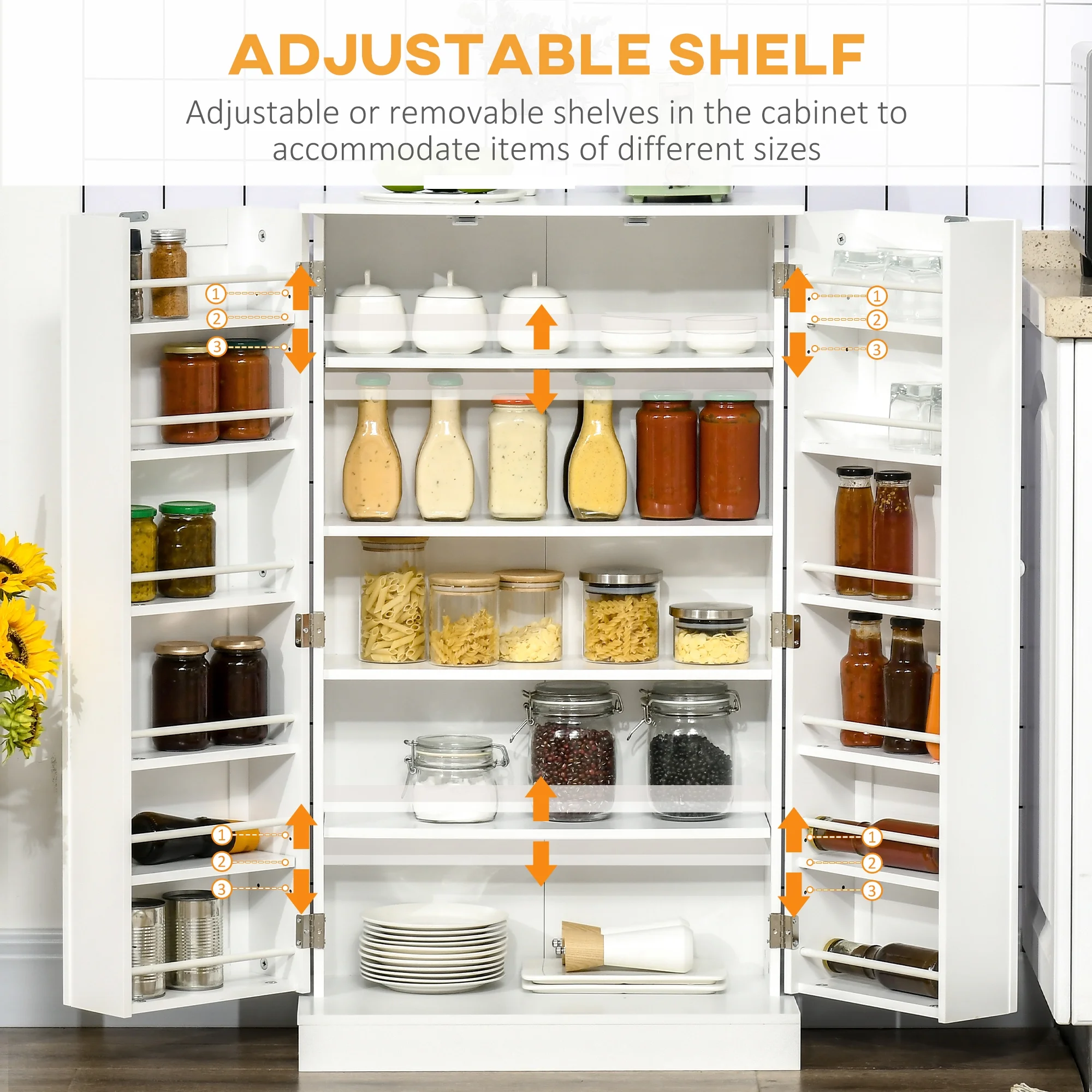 HOMCOM 41" Farmhouse Kitchen Pantry, Freestanding 2 Door Storage Cabinet with Adjustable Shelves for Living Room and Dinning Room,White