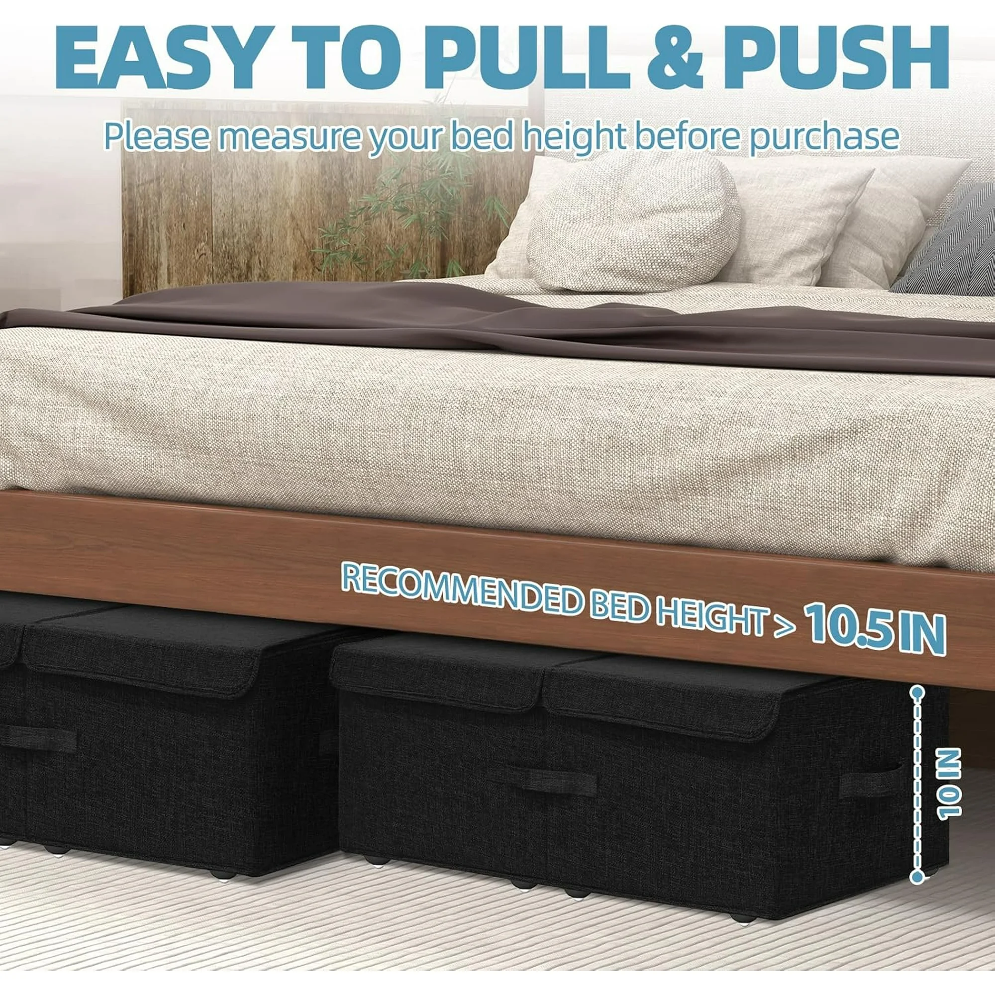 Under Bed Storage Container with Wheels, 2 Pack 10 High Deep Underbed Rolling Box Storage Bins Drawers with Lids for Bedroom, Dorms, Clothes, Shoes, Blankets, No Assemble Required, Black