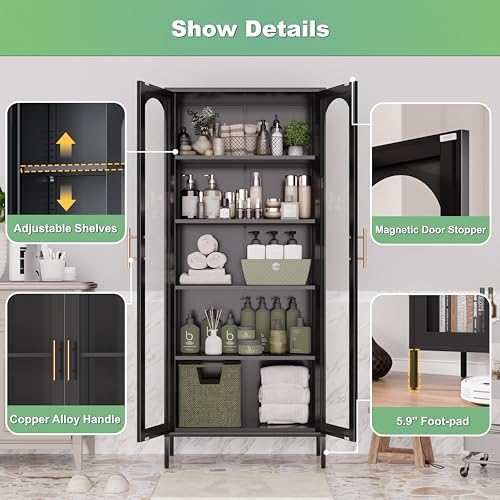 Metal Storage Cabinet, 71" Tall Black Display Curio Glass Storage Cabinet with Glass Doors and 4 Shelves, Storage Cabinet for Kitchen Pantry,Home Office, Living Room (71" Tall Cabinet)